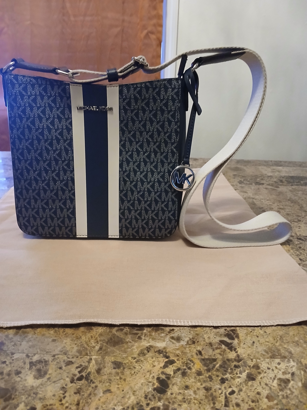 Michael Kors Navy and White Logo Stripe Crossbody